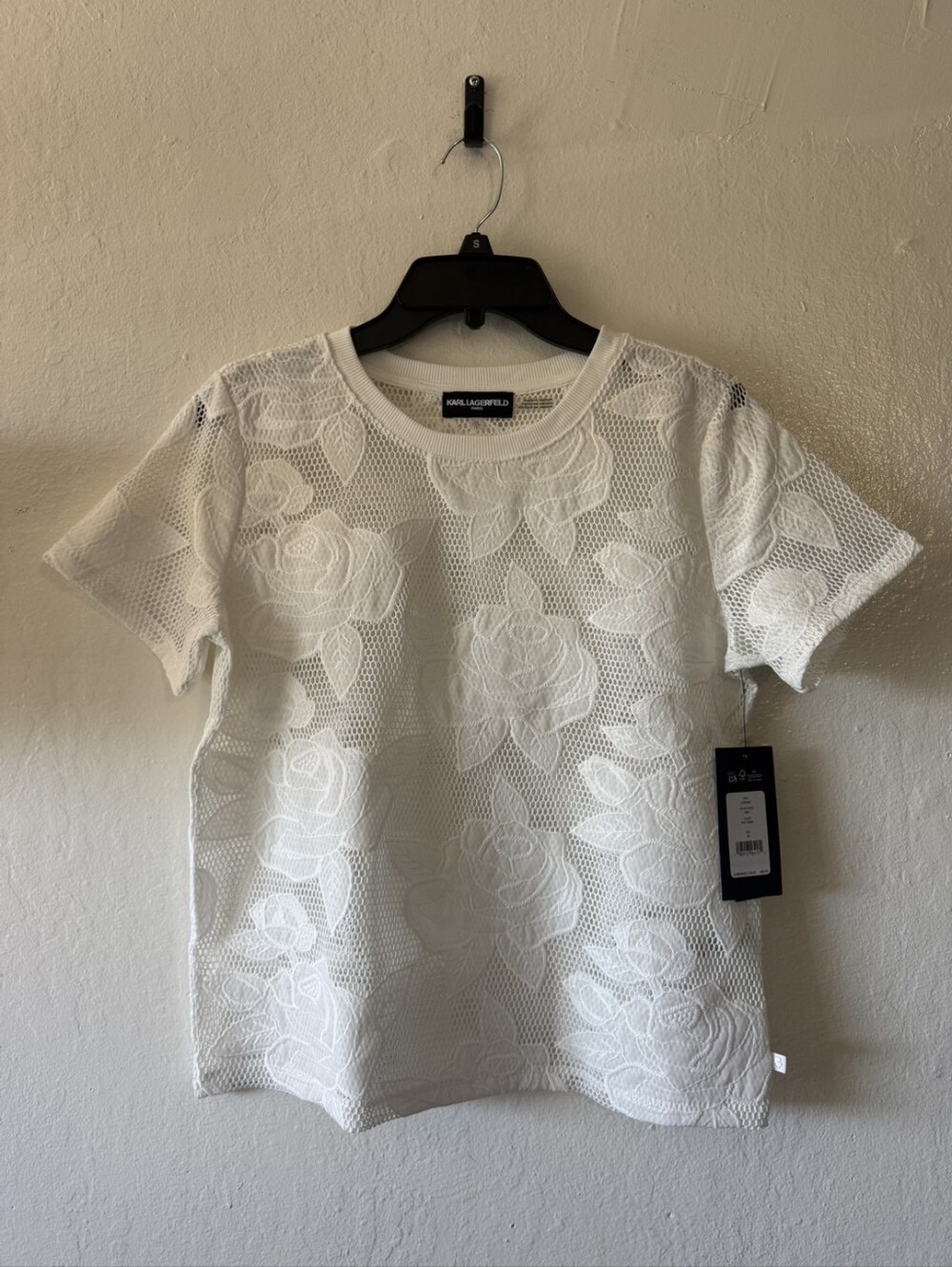 Karl Lagerfeld White Floral Lace Mesh Short Sleeve Tee